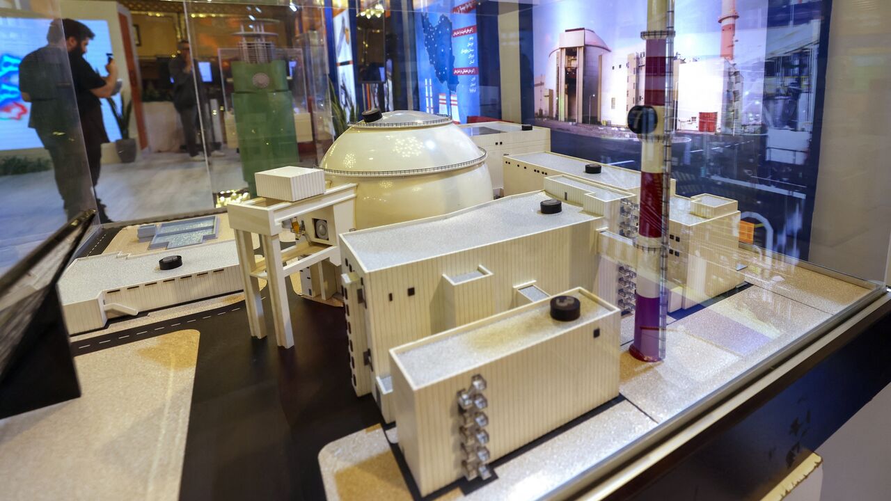 This picture shows a replica of Iran's Bushehr Nuclear Power Plant at an exhibition at the International Conference on Nuclear Science and Technology in Isfahan in on May 6, 2024. 